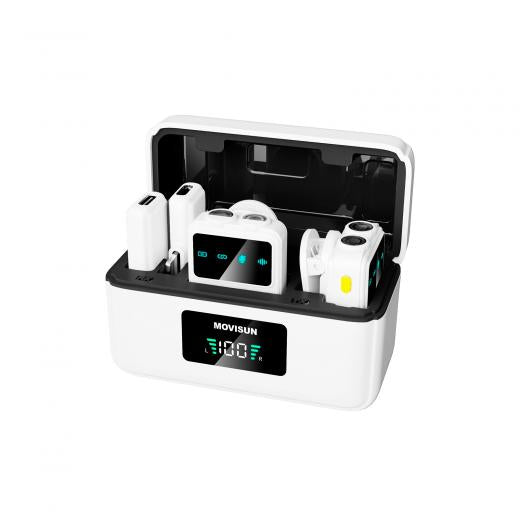 MOVISUN Mi F1 Blanco – Micrófono Inalámbrico Dual con Estuche Digital, ANC, Reverberación, Compatible con iPhone y Android, Ideal para Streaming, Entrevistas y Podcasts, 21H de Autonomía
