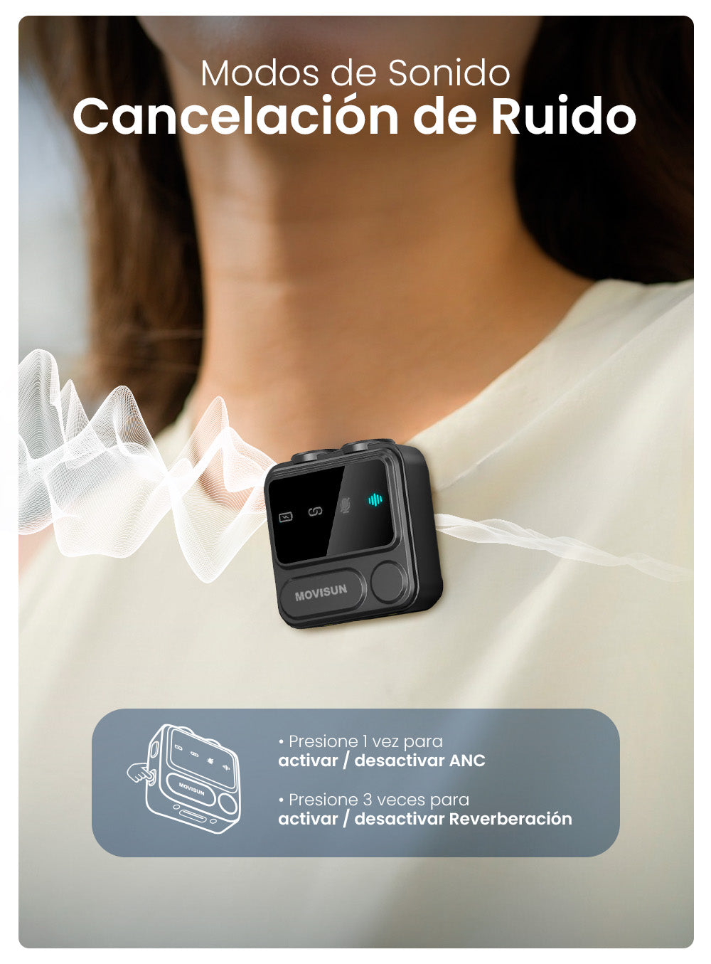 MOVISUN Mi F1 Blanco – Micrófono Inalámbrico Dual con Estuche Digital, ANC, Reverberación, Compatible con iPhone y Android, Ideal para Streaming, Entrevistas y Podcasts, 21H de Autonomía