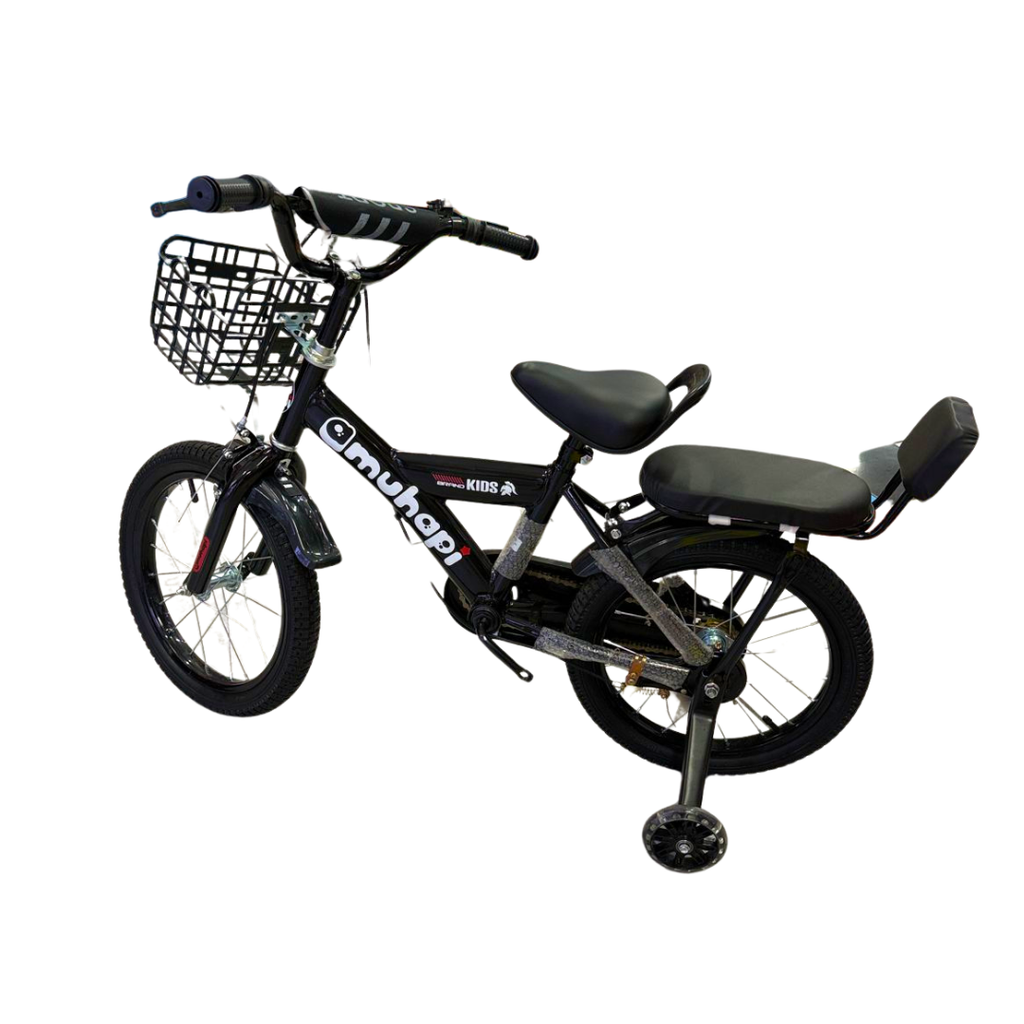 Bicicleta color Negro Infantil para niño - ¡Con Asiento Trasero y Ruedas de Seguridad!