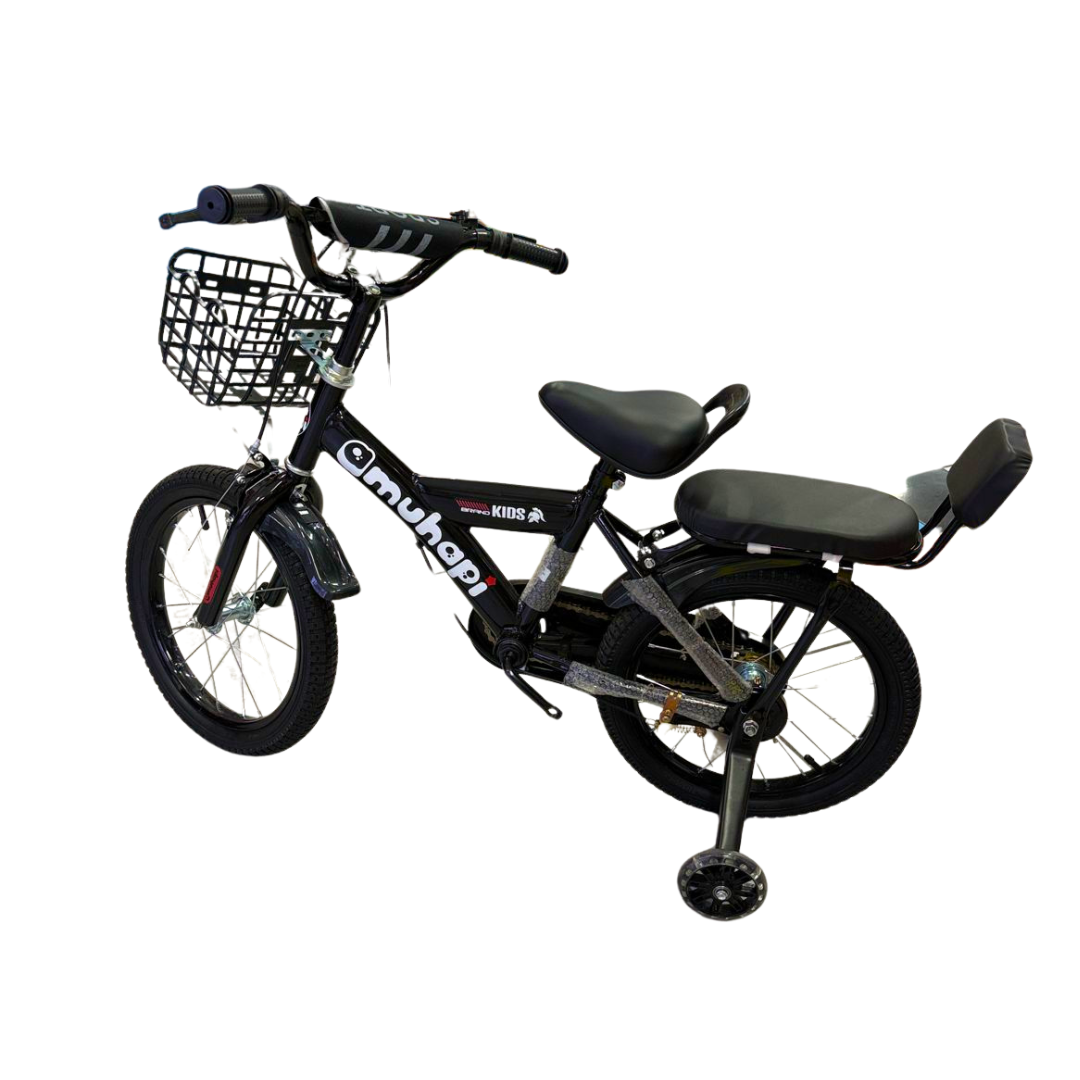 Bicicleta color Negro Infantil para niño - ¡Con Asiento Trasero y Ruedas de Seguridad!