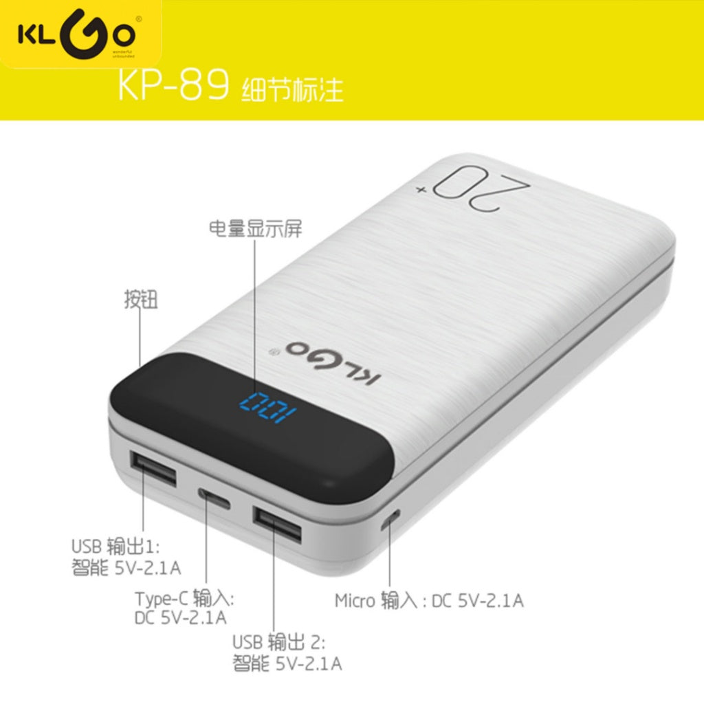 Power Bank Bateria Portátil KLGO KP-89 20000mAh – Doble Salida USB + Puerto Type-C – Color Blanco